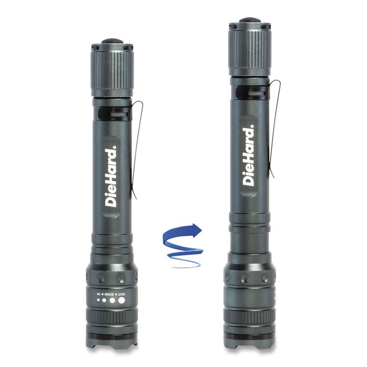 DieHard Aluminum 270 Lumen Twist Focus Flashlight with Pocket Clip, 2 AA Batteries (Included), Black