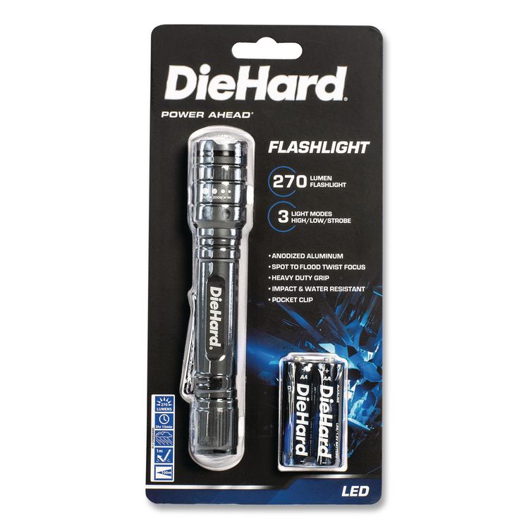 DieHard Aluminum 270 Lumen Twist Focus Flashlight with Pocket Clip, 2 AA Batteries (Included), Black