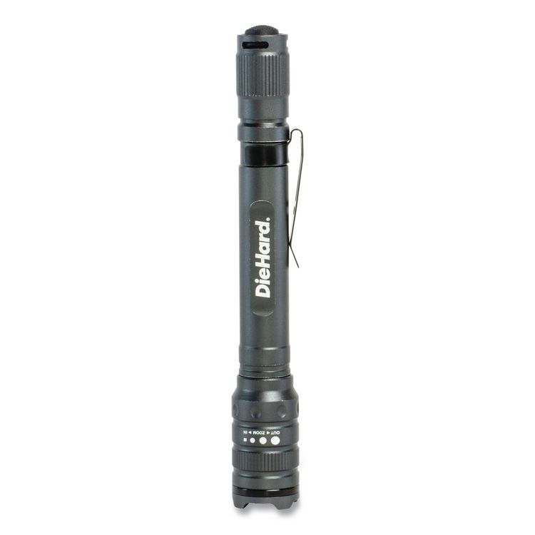 DieHard Aluminum 180 Lumen Twist Focus Flashlight with Pocket Clip, 2 AA Batteries (Included), Black