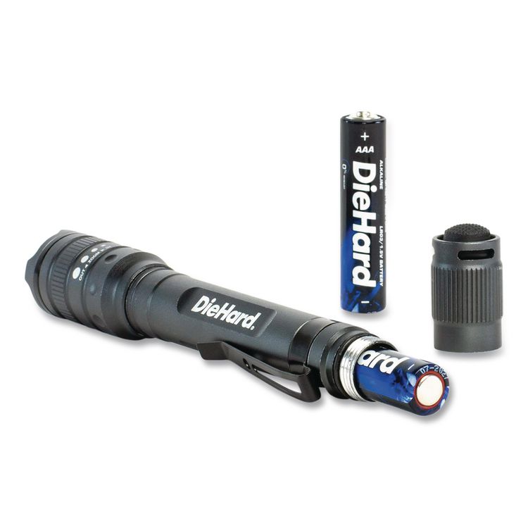 DieHard Aluminum 180 Lumen Twist Focus Flashlight with Pocket Clip, 2 AA Batteries (Included), Black