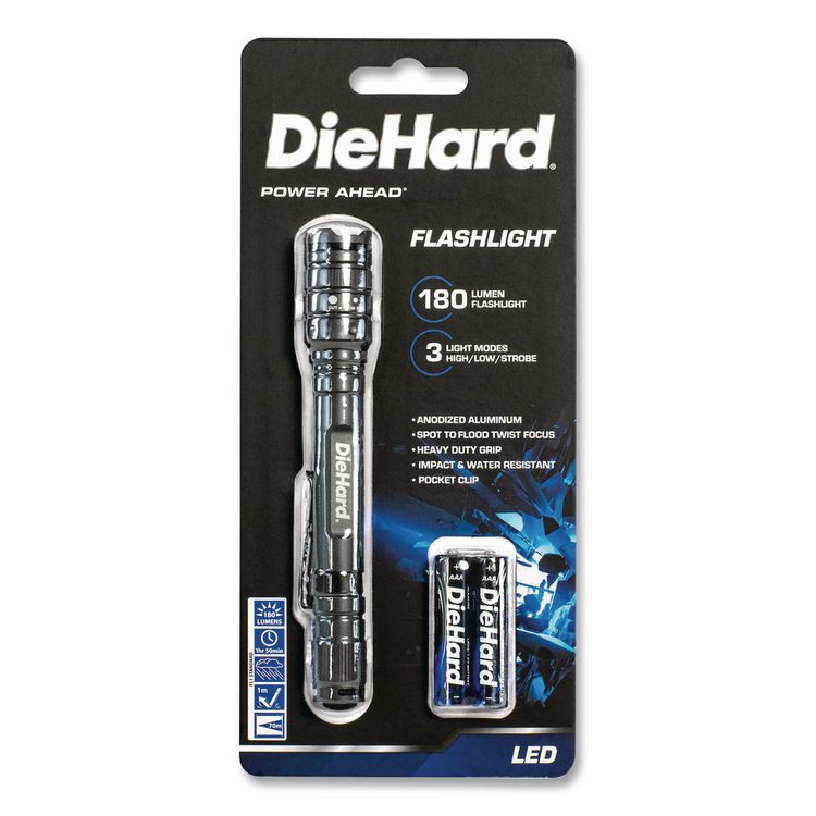 DieHard Aluminum 180 Lumen Twist Focus Flashlight with Pocket Clip, 2 AA Batteries (Included), Black
