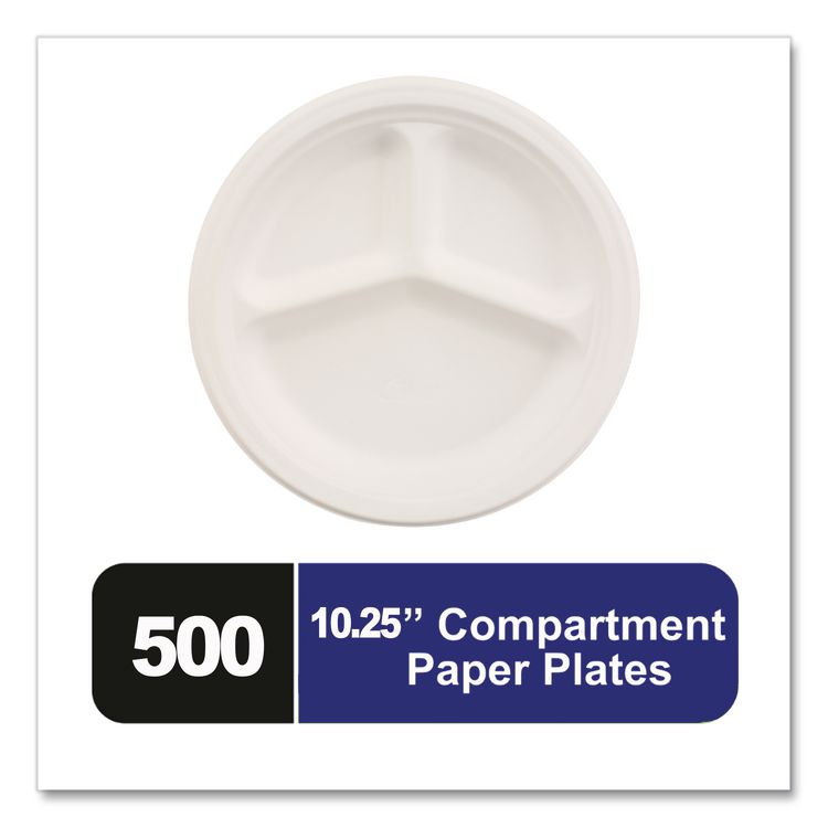 PaperPro Naturals Molded Fiber Dinnerware, Round Plates, 3-Compartment, 10.25" dia, Natural, 125/Pack, 4 Packs/Carton