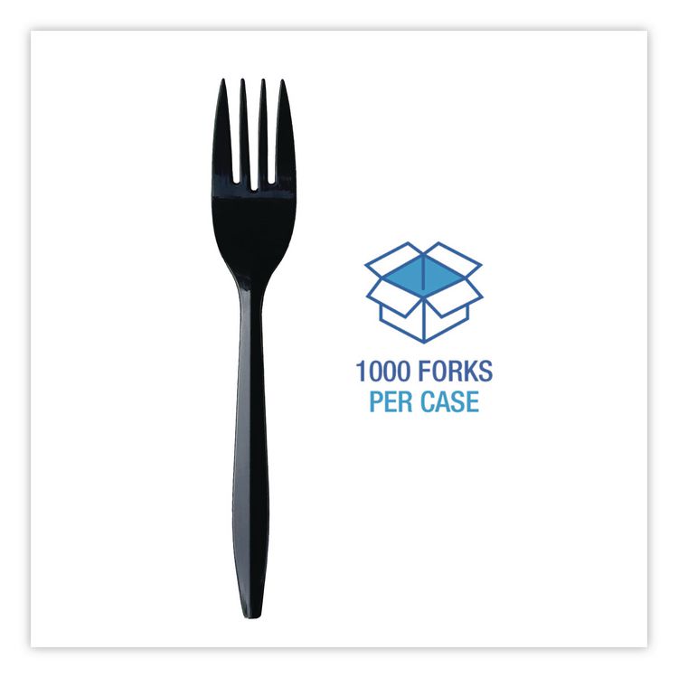 Mediumweight Wrapped Polypropylene Cutlery, Fork, Plastic, Black, 1,000/Carton