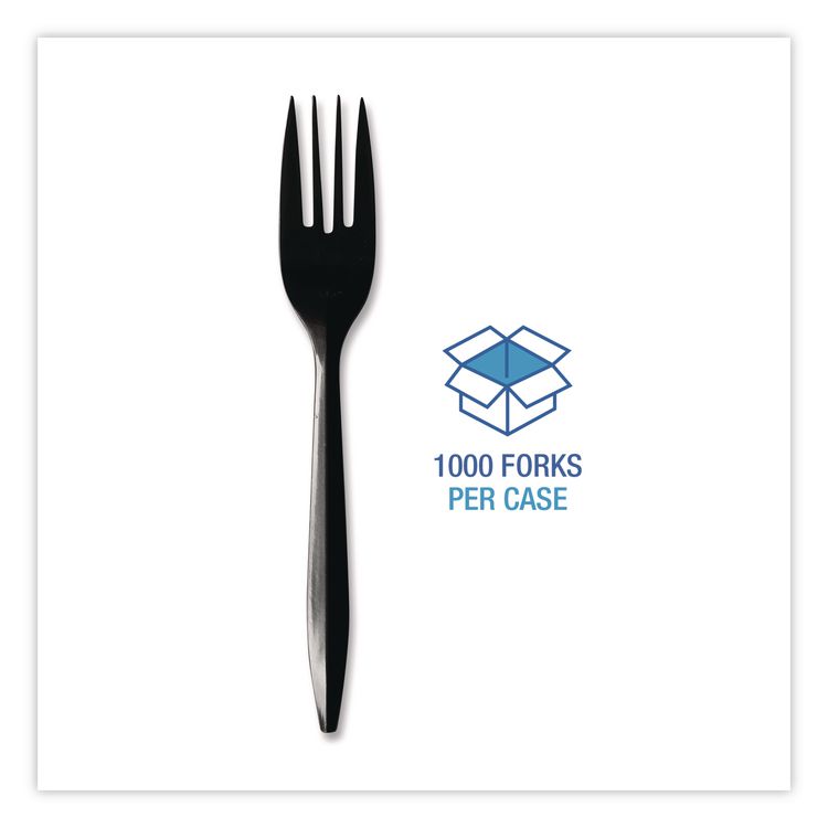 Mediumweight Polypropylene Cutlery, Fork, Plastic, Black, 1,000/Carton