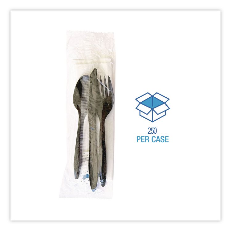 Six-Piece Cutlery Kit, Mediumweight, Fork/Knife/Napkin/Pepper/Salt/Spoon, 5.86", Plastic, Black, 250/Carton