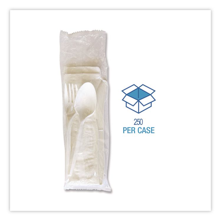 Four-Piece Polypropylene Cutlery Kit, Mediumweight, Fork/Knife/Napkin/Spoon, Plastic, White, 250/Carton