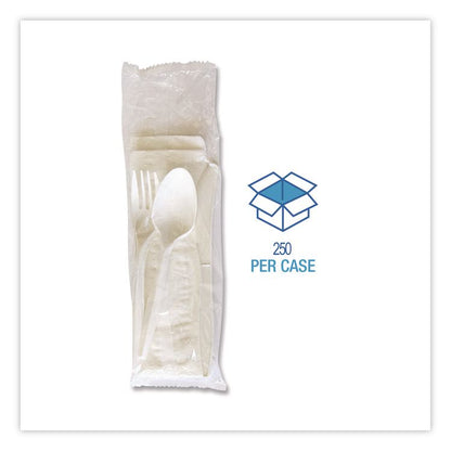 Four-Piece Polypropylene Cutlery Kit, Mediumweight, Fork/Knife/Napkin/Spoon, Plastic, White, 250/Carton