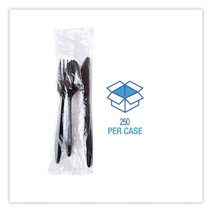 Three-Piece Polypropylene Cutlery Kit, Mediumweight, Fork/Knife/Spoon, Plastic, Black, 250/Carton