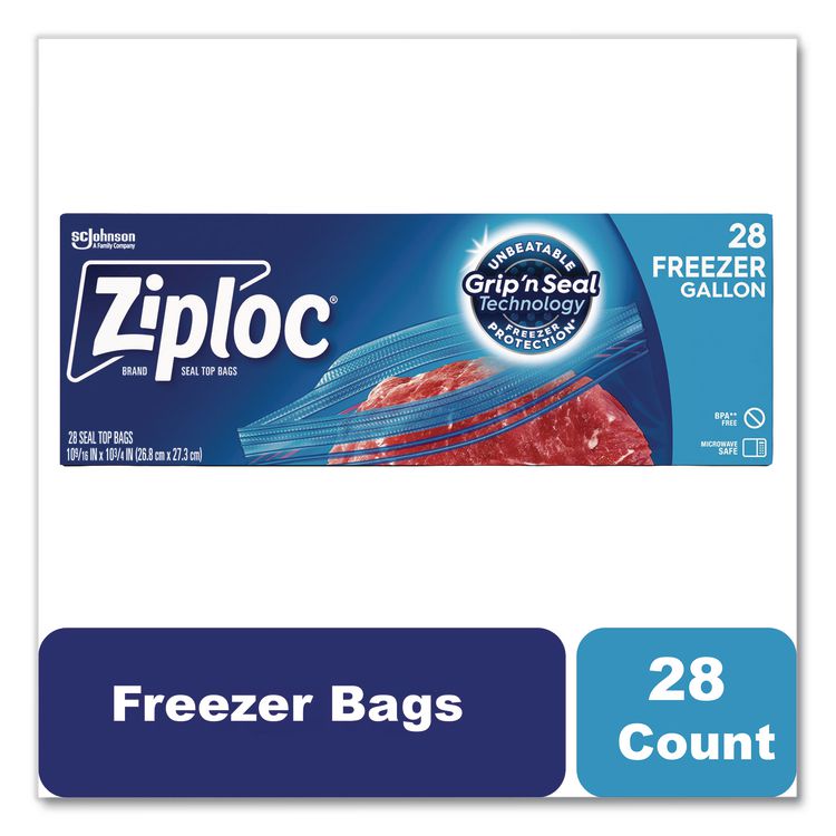 Zipper Freezer Bags, 1 gal, 2,7 mil, 9.6" x 12.1", Clear, 28/Box
