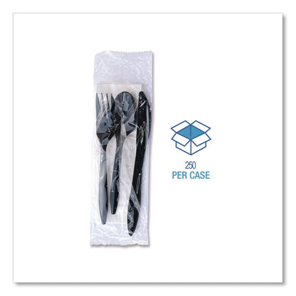 Four-Piece Cutlery Kit, Mediumweight, Fork/Knife/Napkin/Spoon, Plastic, 6.38", Black, 250/Carton
