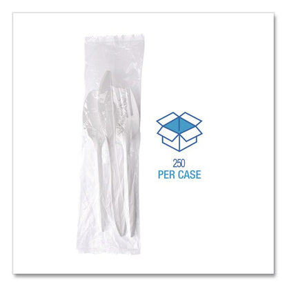 Three-Piece Polystyrene Cutlery Kit, Mediumweight, Fork/Knife/Spoon, Plastic, White, 250/Carton