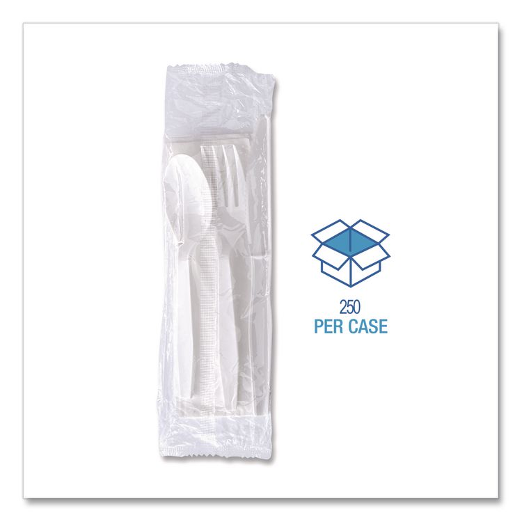 Four-Piece Polystyrene Cutlery Kit, Mediumweight, Fork/Knife/Napkin/Spoon, Plastic, White, 250/Carton