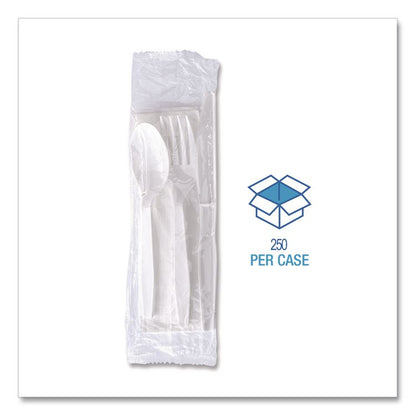 Four-Piece Polystyrene Cutlery Kit, Mediumweight, Fork/Knife/Napkin/Spoon, Plastic, White, 250/Carton