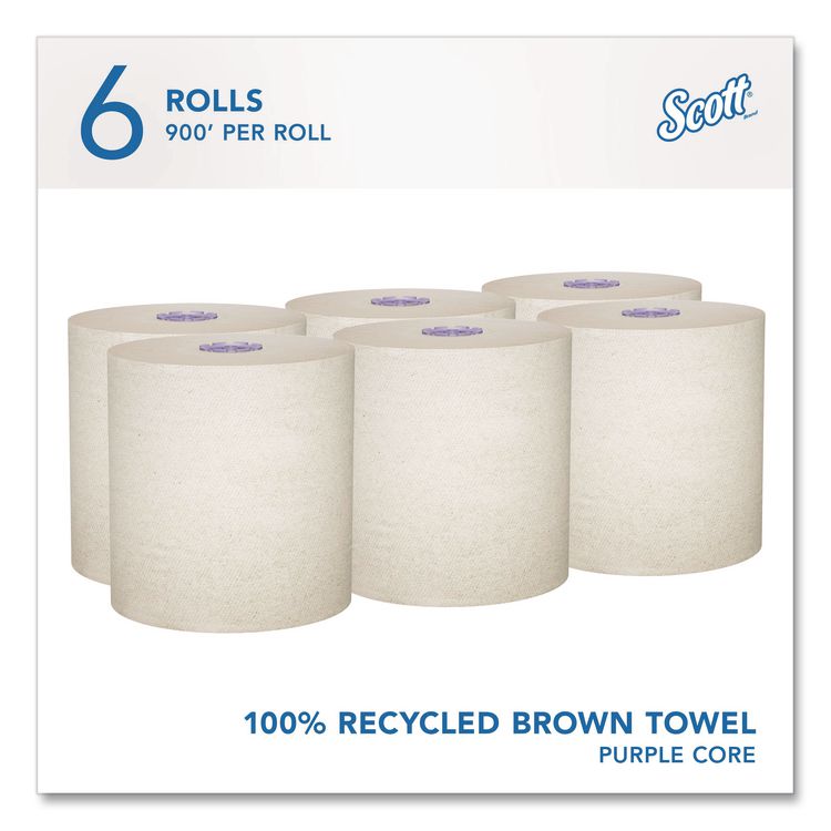 100% Recycled Hard Roll Paper Towels, 1-Ply, 8" x 900 ft, Brown, 6/Carton