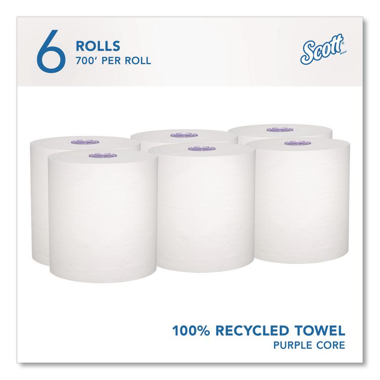 100% Recycled Hard Roll Paper Towels, 1-Ply, 8" x 700 ft, White, 6/Carton