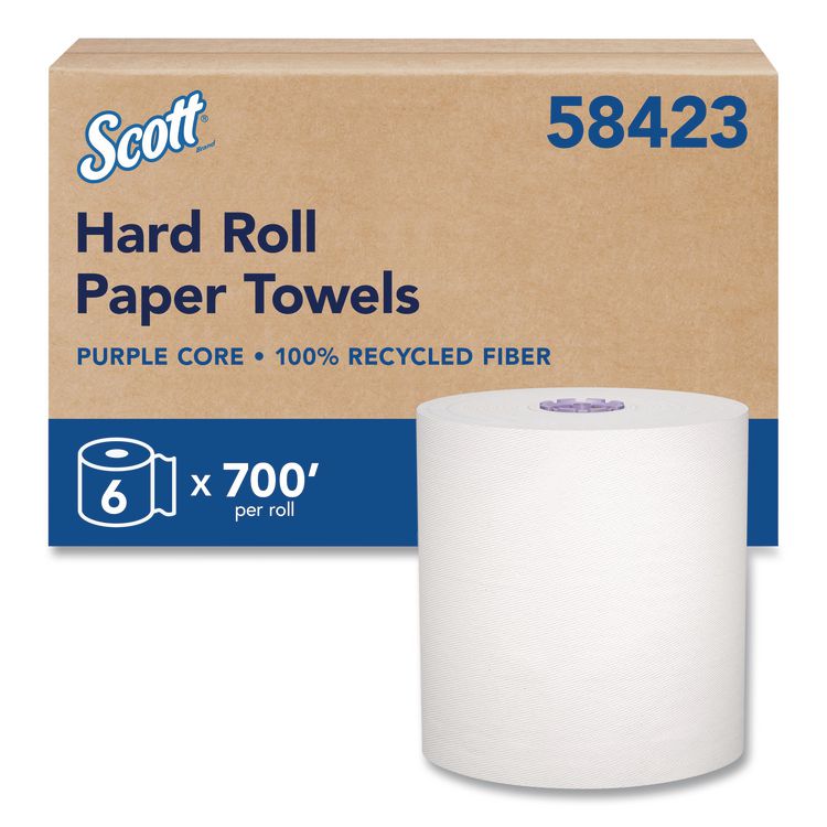 100% Recycled Hard Roll Paper Towels, 1-Ply, 8" x 700 ft, White, 6/Carton