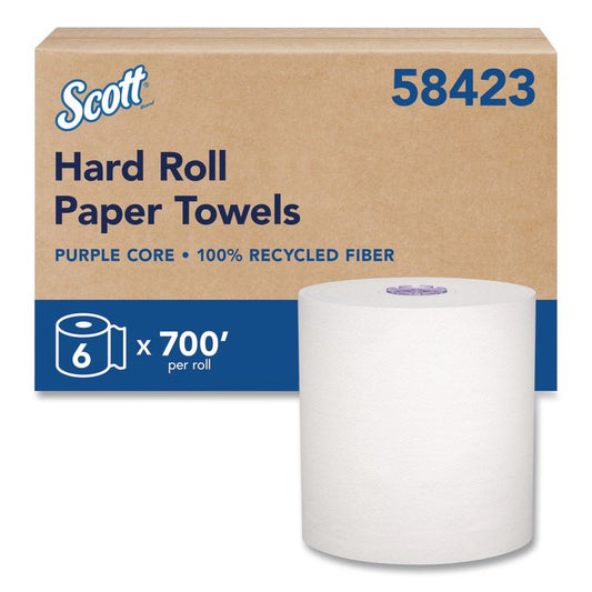 100% Recycled Hard Roll Paper Towels, 1-Ply, 8" x 700 ft, White, 6/Carton