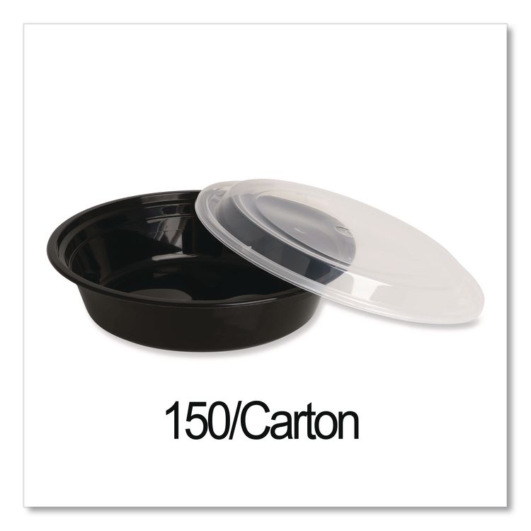 Microwavable Food Container with Lid, Round, 32 oz, 7.28 x 7.28 x 2.55, Black/Clear, Plastic, 150/Carton