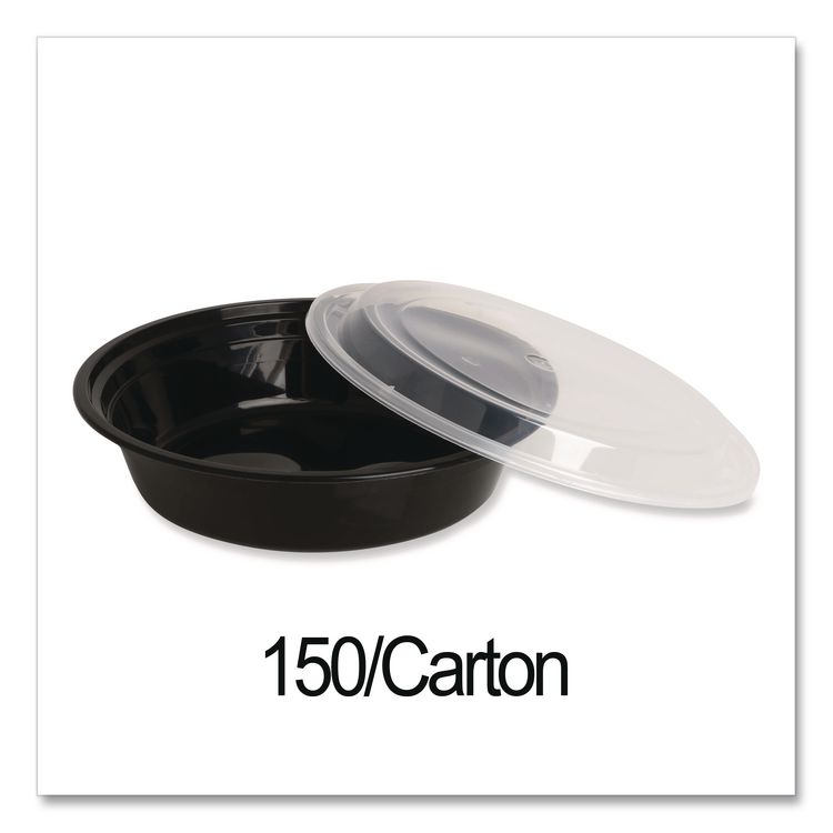 Microwavable Food Container with Lid, Round, 24 oz, 7.28 x 7.28 x 1.96, Black/Clear, Plastic, 150/Carton