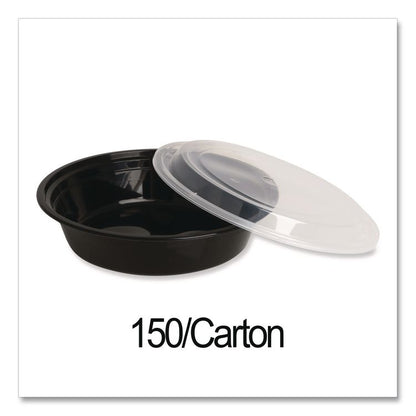 Microwavable Food Container with Lid, Round, 24 oz, 7.28 x 7.28 x 1.96, Black/Clear, Plastic, 150/Carton