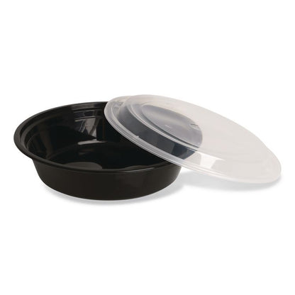 Microwavable Food Container with Lid, Round, 48 oz, 8.85 x 8.85 x 2.24, Black/Clear, Plastic, 150/Carton