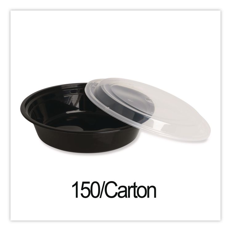 Microwavable Food Container with Lid, Round, 48 oz, 8.85 x 8.85 x 2.24, Black/Clear, Plastic, 150/Carton