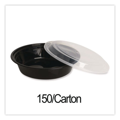 Microwavable Food Container with Lid, Round, 48 oz, 8.85 x 8.85 x 2.24, Black/Clear, Plastic, 150/Carton