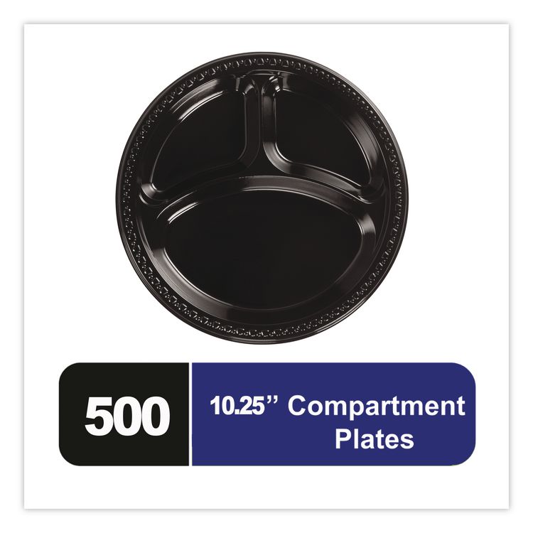 Heavyweight Plastic 3-Compartment Plates, 10.25" dia, Black, 125/Pack, 4 Packs/Carton