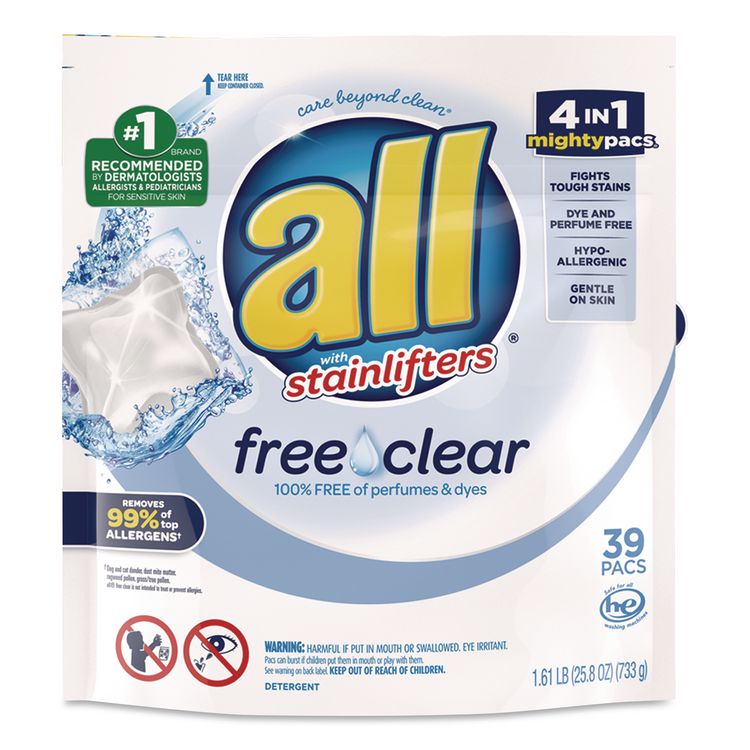 MIGHTY PACS Free Clear Super Concentrated HE Laundry Detergent, 39/Pack, 6 Packs/Carton