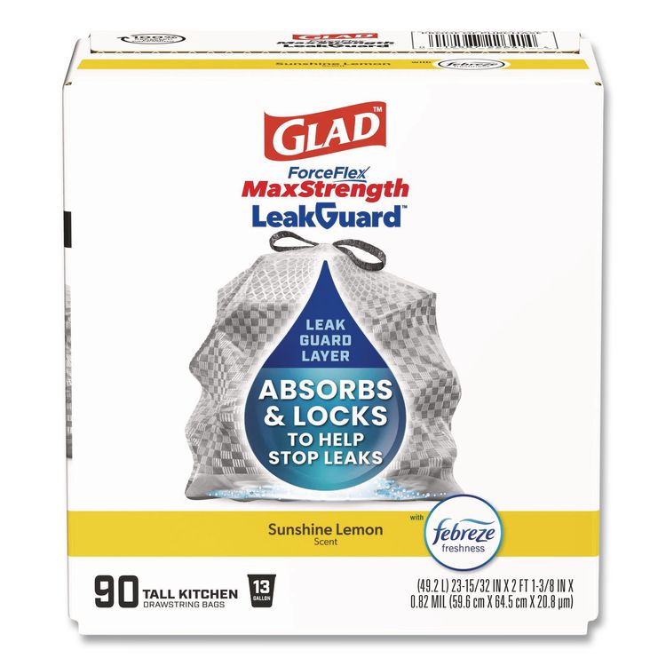 ForceFlex MaxStrength Tall Kitchen Drawstring Trash Bags, 13 gal, Lemon Sunshine Scent, 23.47 x 25.38, Gray, 90/Carton