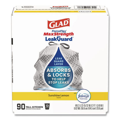 ForceFlex MaxStrength Tall Kitchen Drawstring Trash Bags, 13 gal, Lemon Sunshine Scent, 23.47 x 25.38, Gray, 90/Carton