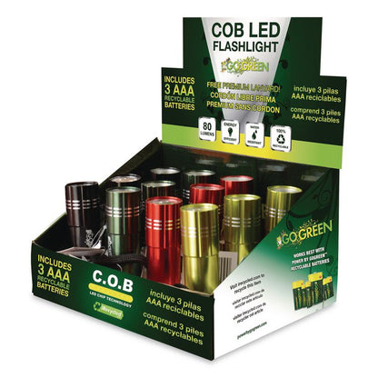 COB LED Flashlights with Display Case, 3 AAA Batteries (Included), Assorted Colors, 12/Pack