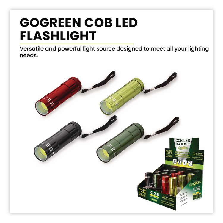 COB LED Flashlights with Display Case, 3 AAA Batteries (Included), Assorted Colors, 12/Pack