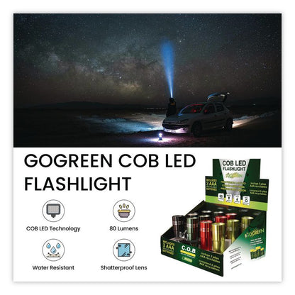 COB LED Flashlights with Display Case, 3 AAA Batteries (Included), Assorted Colors, 12/Pack