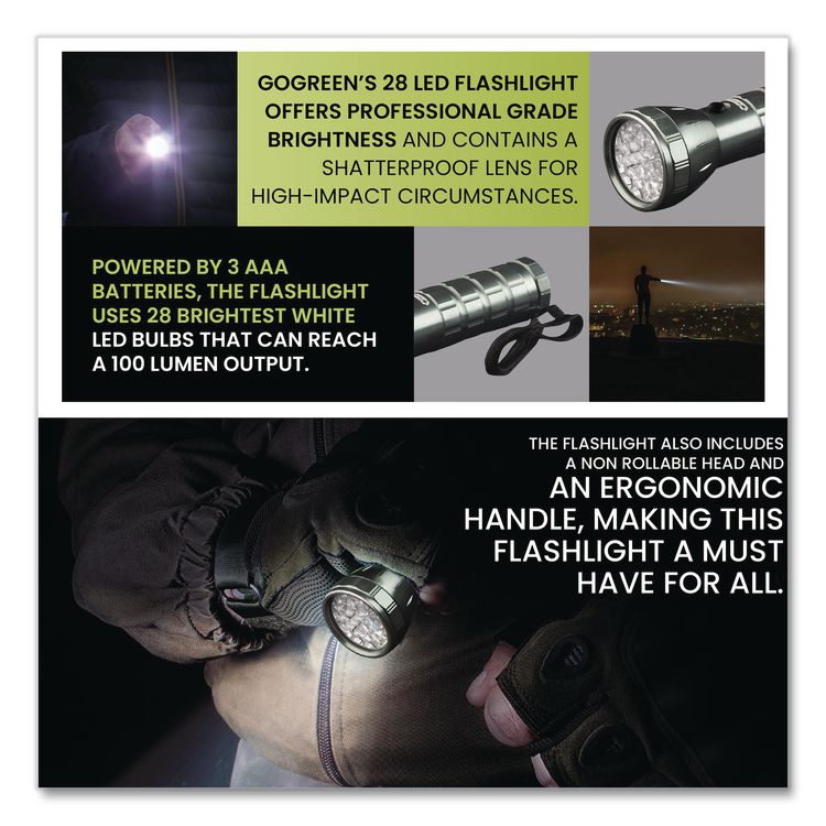 28 LED Professional Flashlight, 3 AAA Batteries (Included), Black/Silver