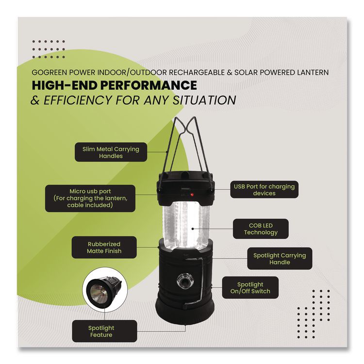 COB LED Solar/Rechargeable Lantern, Lithium Ion Rechargeable Battery (Included), Dark Gray