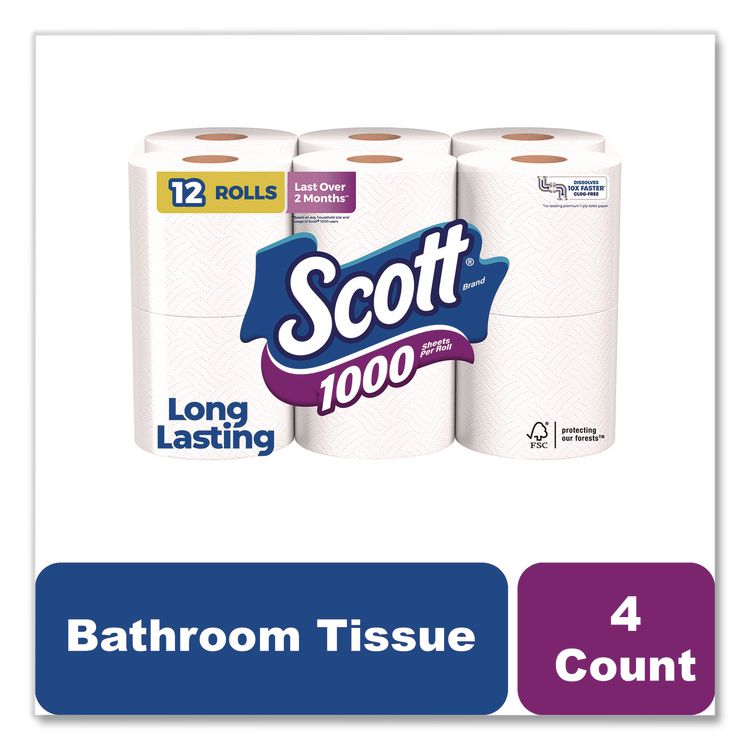 1000 Bathroom Tissue, Septic Safe, 1-Ply, White, 1,000 Sheets/Roll, 12 Rolls/Pack, 4 Packs/Carton