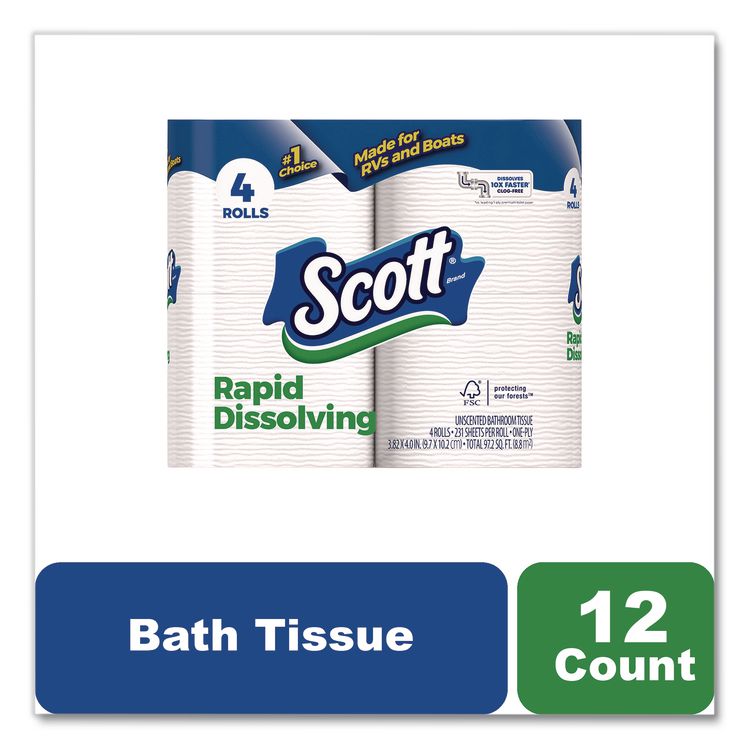 Rapid-Dissolving Toilet Paper, Bath Tissue, Septic Safe, 1-Ply, White, 231 Sheets/Roll, 4 Rolls/Pack, 12 Packs/Carton