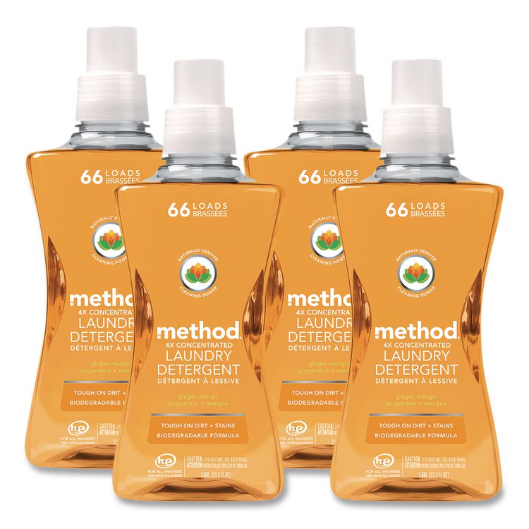 4X Concentrated Laundry Detergent, Ginger Mango Scent, 53.5 oz Bottle, 4/Carton