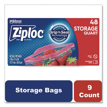 Double Zipper Storage Bags, Triple System Seal, Quart, 1,75 mil, 9.63" x 8.5", Clear, 9/Carton