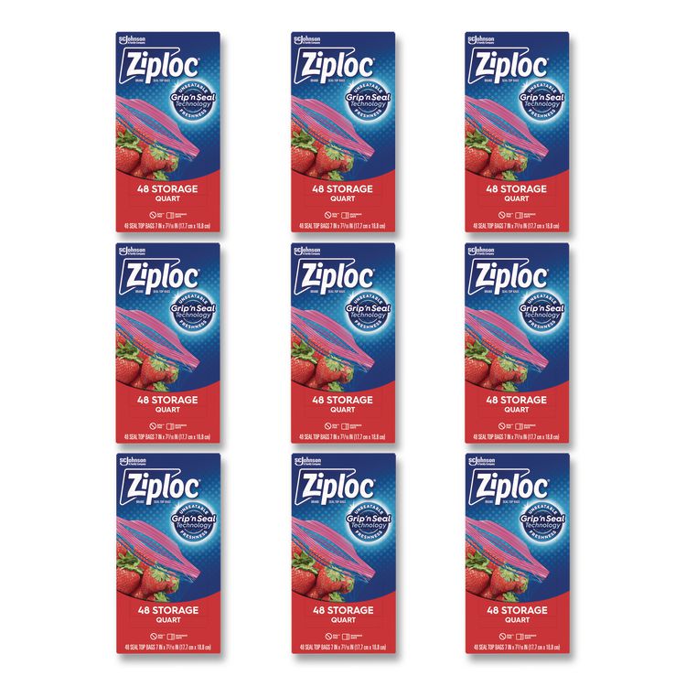 Double Zipper Storage Bags, Triple System Seal, Quart, 1,75 mil, 9.63" x 8.5", Clear, 9/Carton