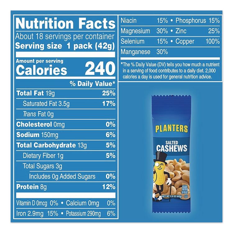 Salted Cashews, 1.5 oz Packs, 18 Packs/Box