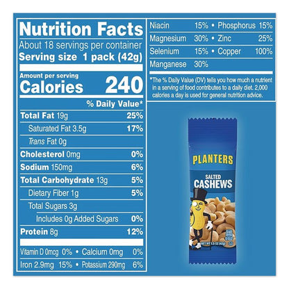 Salted Cashews, 1.5 oz Packs, 18 Packs/Box