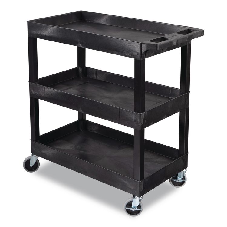 Tuffy XL Three-Shelf Utility Cart with Tub Shelves, Plastic, 300 lb Capacity, 35" x 18" x 36", Black