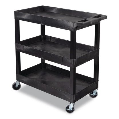 Tuffy XL Three-Shelf Utility Cart with Tub Shelves, Plastic, 300 lb Capacity, 35" x 18" x 36", Black