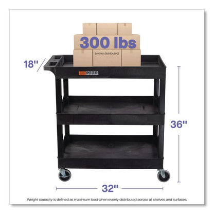 Tuffy XL Three-Shelf Utility Cart with Tub Shelves, Plastic, 300 lb Capacity, 35" x 18" x 36", Black