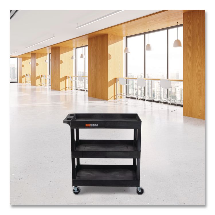 Tuffy XL Three-Shelf Utility Cart with Tub Shelves, Plastic, 300 lb Capacity, 35" x 18" x 36", Black