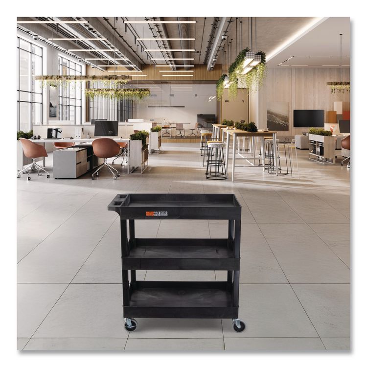 Tuffy XL Three-Shelf Utility Cart with Tub Shelves, Plastic, 300 lb Capacity, 35" x 18" x 36", Black