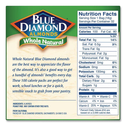 Whole Natural Almonds On-the-Go, 0.63 oz Pouch, 32 Pouches/Carton