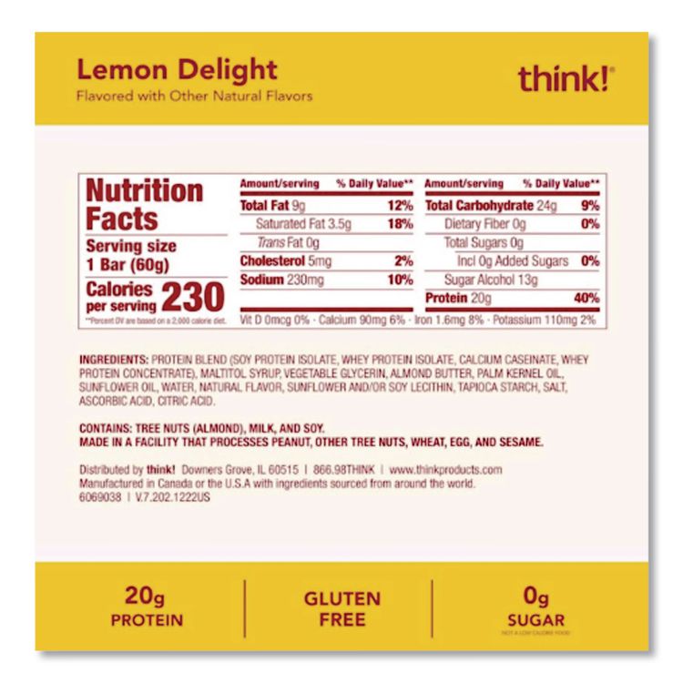 High Protein Bars, Lemon Delight, 2.1 oz Bar, 10 Bars/Carton